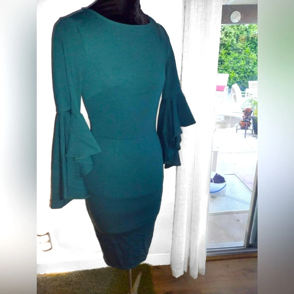 NWT Vfshow Bell Ruffle Sleeve Bodycon Midi Dress Dark Green Blue XS - Picture 2 of 11